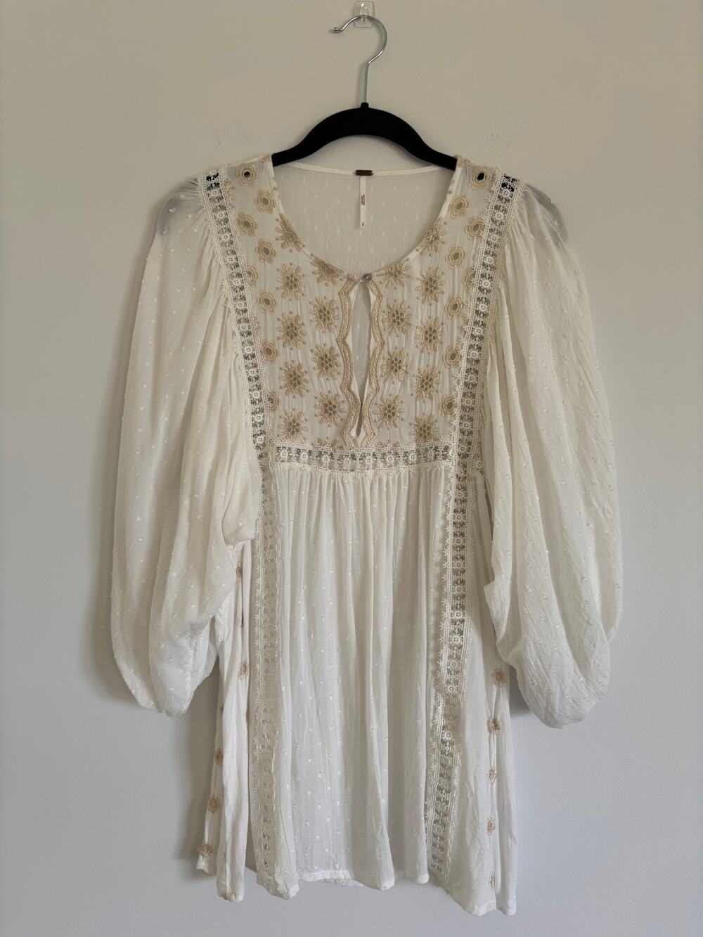 Free People Charlotte Swiss Dot Tunic Dress Small Ivory Embroidered Peasant Mini
